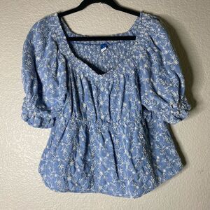 Old Navy Blue Embroidered Puff Sleeve Peasant Top | Size L